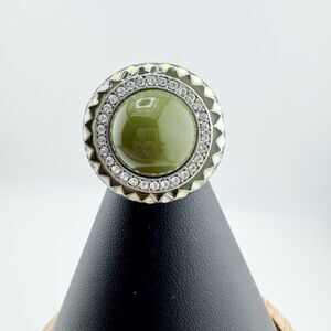 Signed Lia Sophia Green Cabochon Dome Ring Silver Tone Rhinestone Halo Enamel